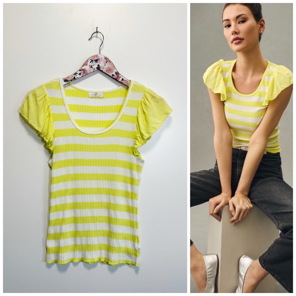 Anthropologie T.LA Flutter Sleeve Bright Yellow Striped Top M Medium